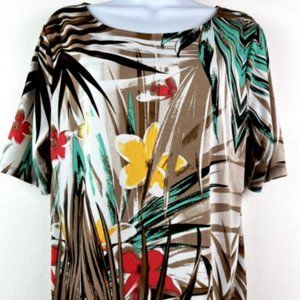 Chicos Colorful Tropical Print Top Med Tie Short Sleeve Stretch Shirt A9
